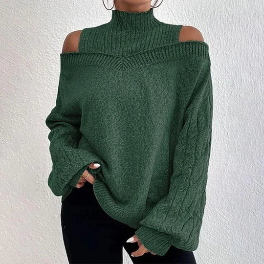 Off-Shoulder Loose Knit Half-Turtleneck Sweater