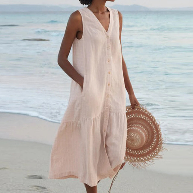 Relaxed Fit Sleeveless Button-Down Midi Dress
