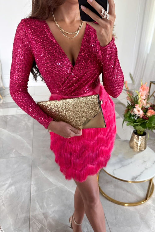 Women's Mini Dress - V-Neck Sequin Bodice - Long Sleeve - Fringe Skirt Partywear