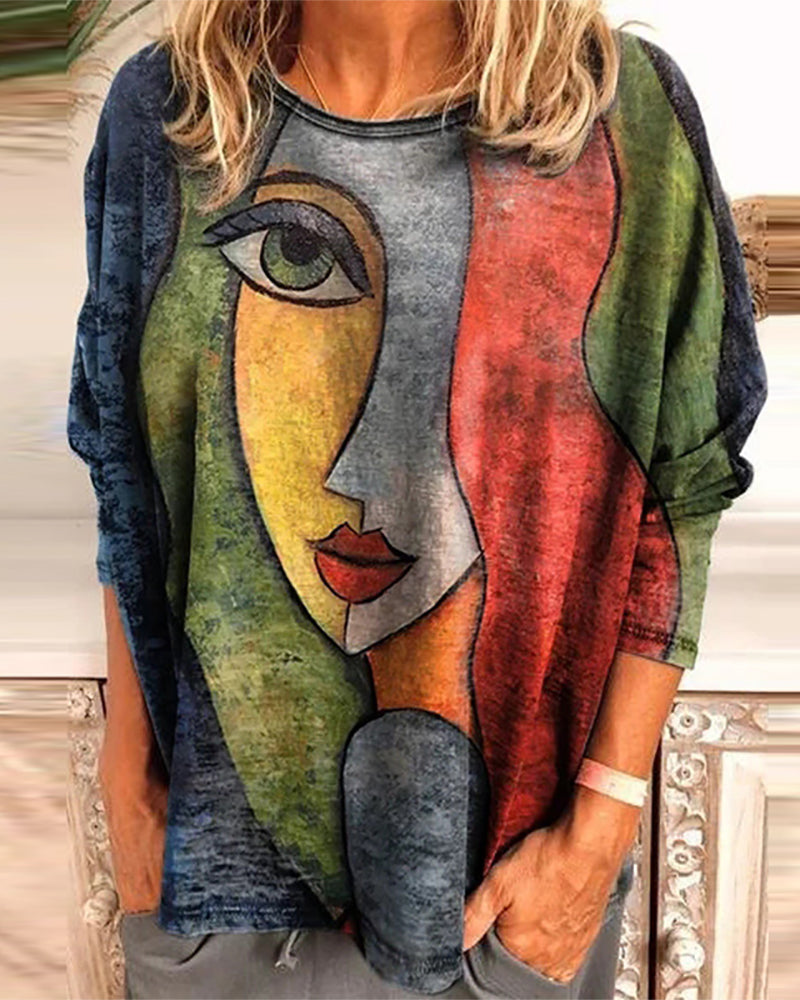 Women's Oversized Sweatshirt - Artistic Face Print - Long Sleeve Casual Wear