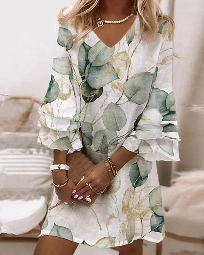 Women's Dress - V-Neck - Long Sleeve Ruffle Detail - Floral Print - Loose Fit Short Length