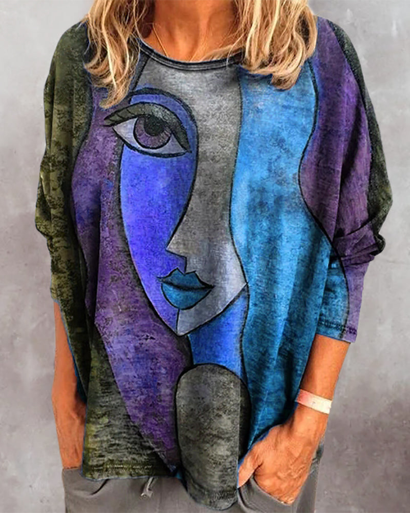 Women's Oversized Sweatshirt - Artistic Face Print - Long Sleeve Casual Wear
