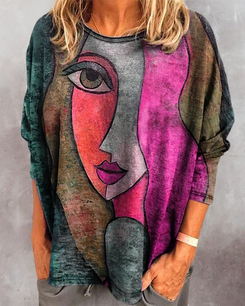 Women's Oversized Sweatshirt - Artistic Face Print - Long Sleeve Casual Wear