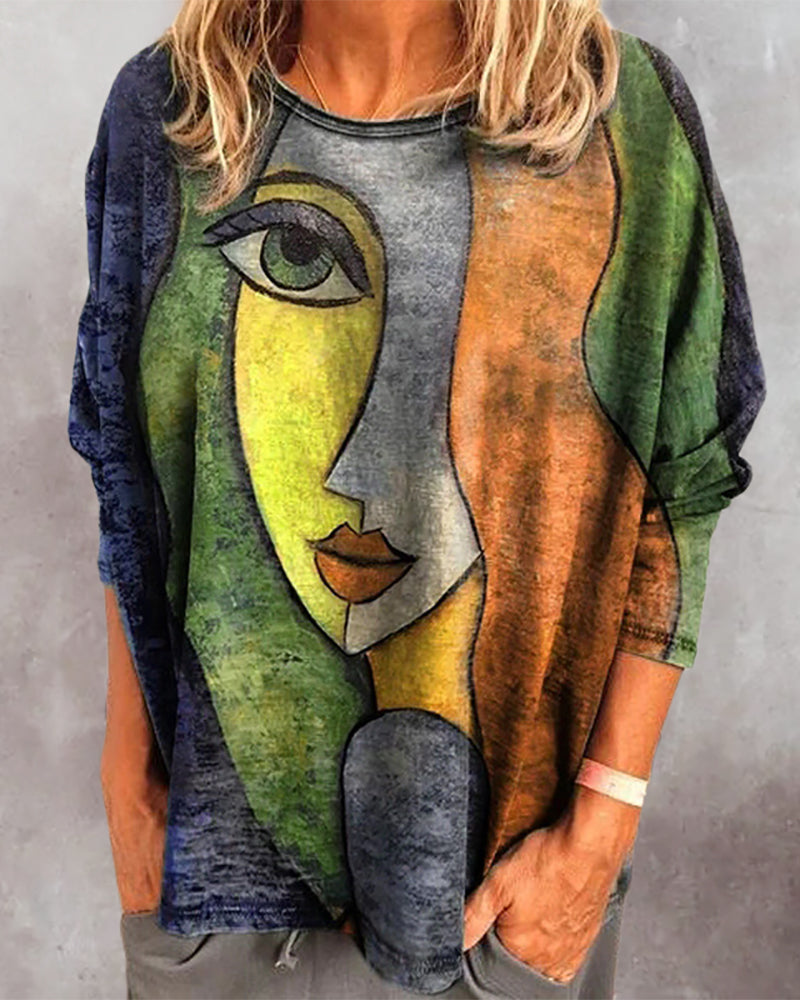 Women's Oversized Sweatshirt - Artistic Face Print - Long Sleeve Casual Wear