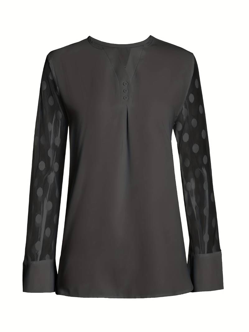 Women's Blouse - Sheer Polka Dot Sleeves - Round Neck - Relaxed Fit Stylish Wear