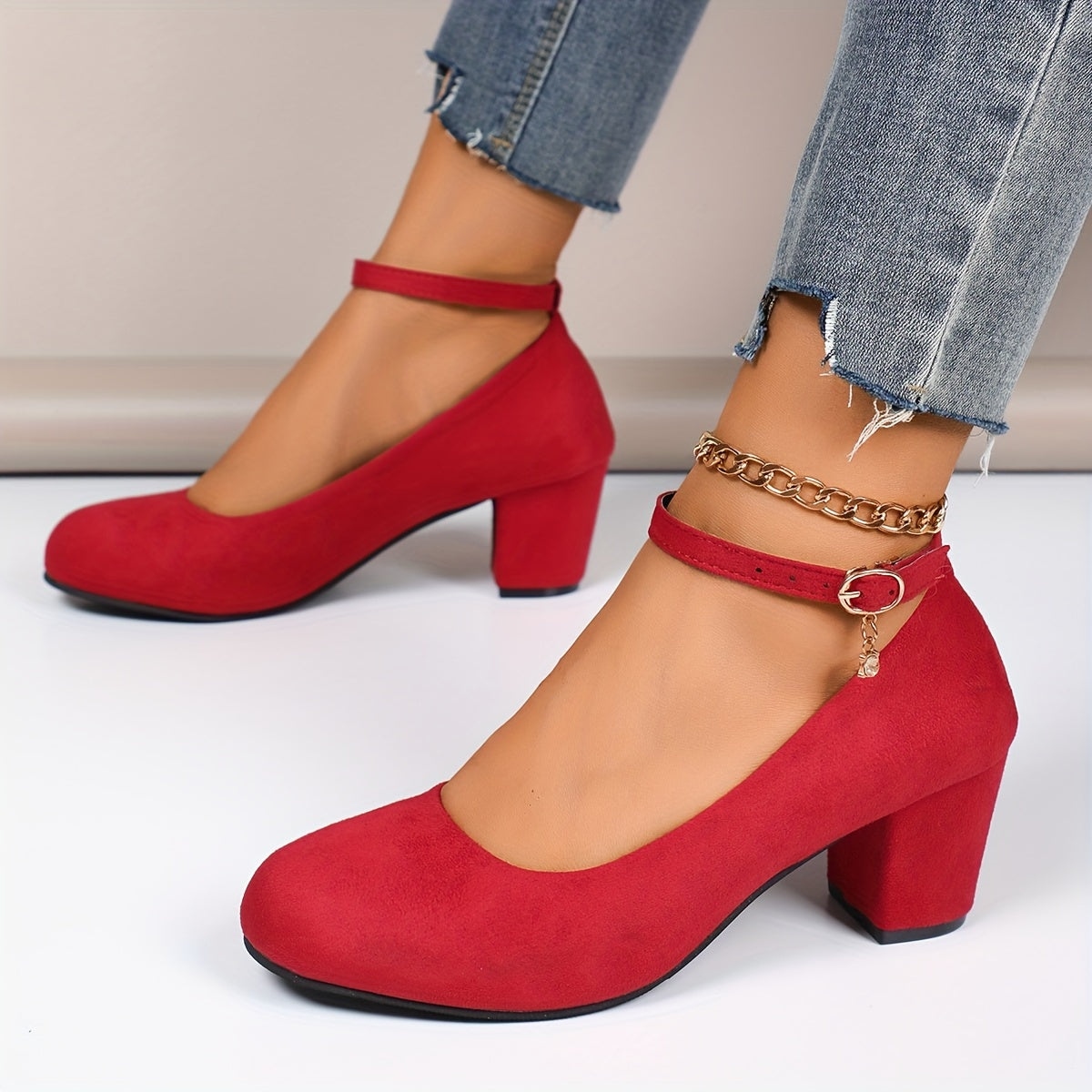 Women's Block Heel Pumps - Closed Toe - Soft-Brushed Look - Ankle Strap Buckle Closure