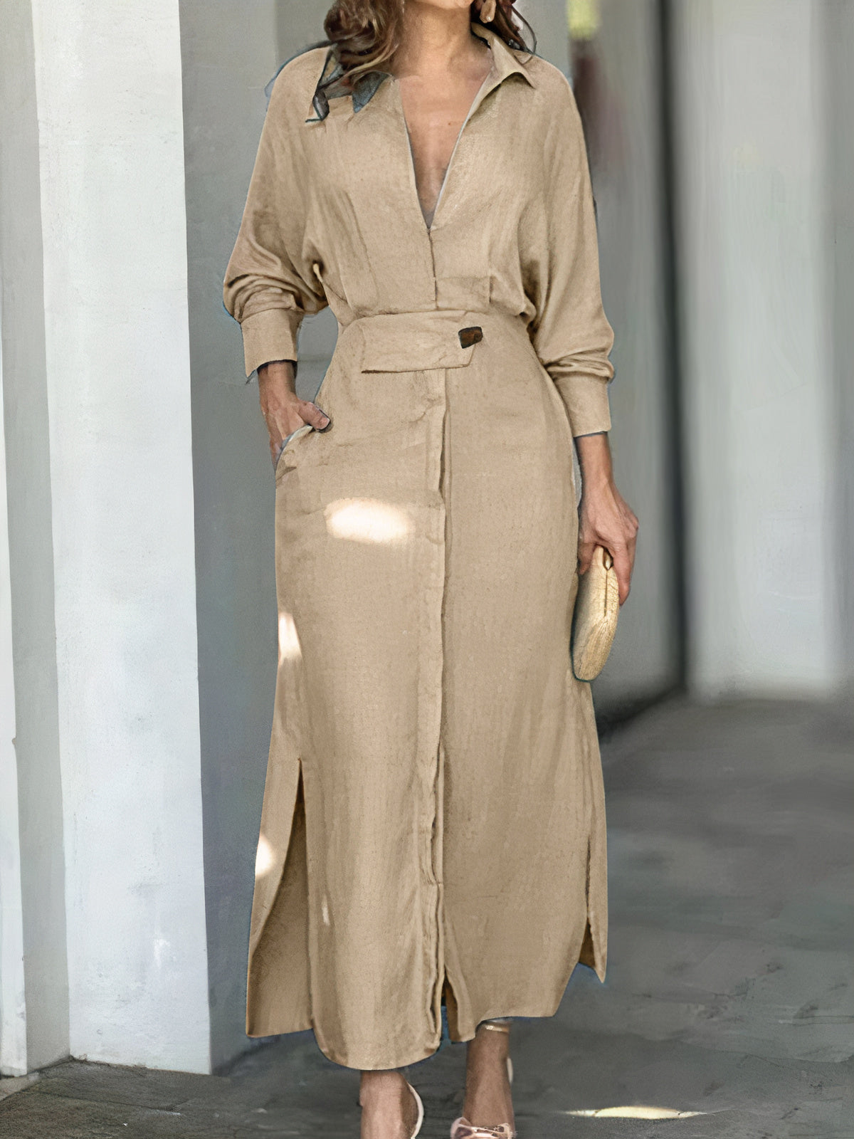 Women's Midi Dress - Belted Waist - Long Sleeve - Classic Collar - Elegant Fit
