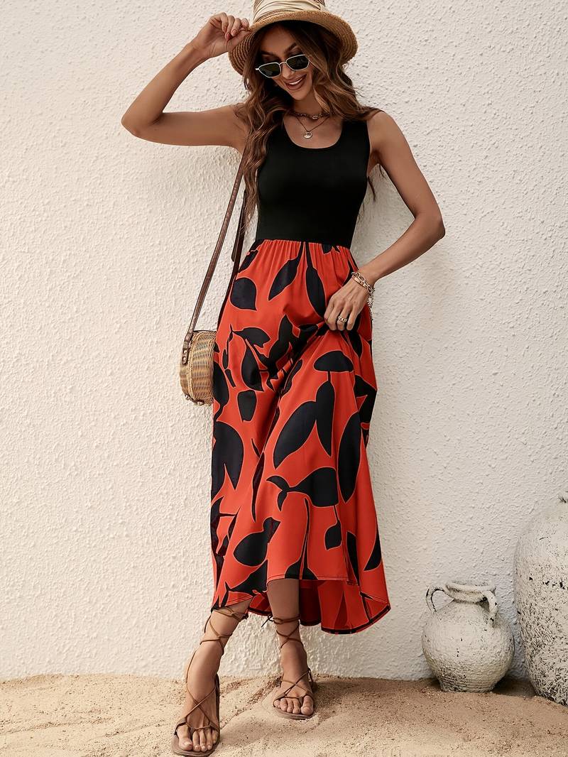 Women's Sleeveless Maxi Dress - Fitted Top - Flowy Botanical Print Skirt - Lightweight