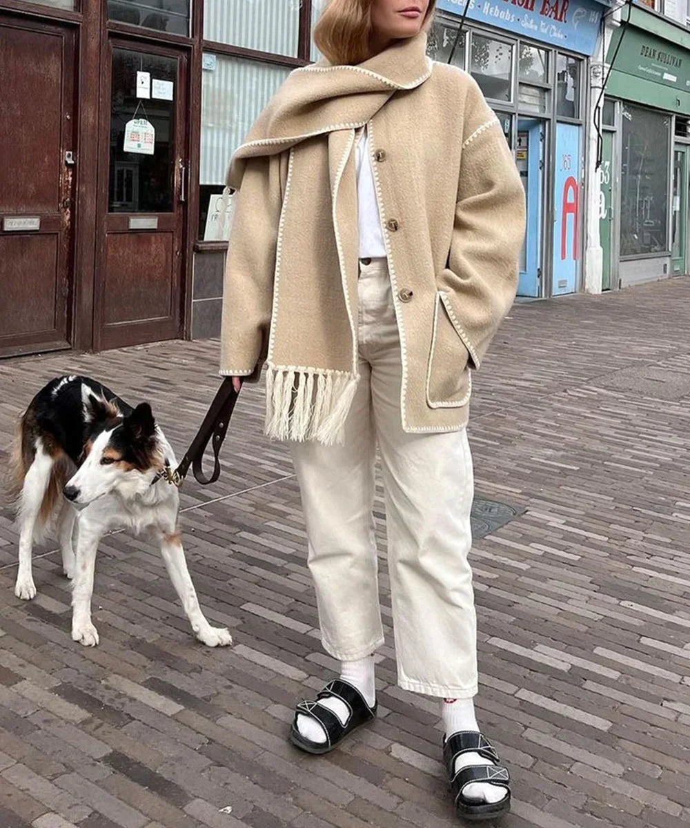 Women's coat with tassel scarf loose fit