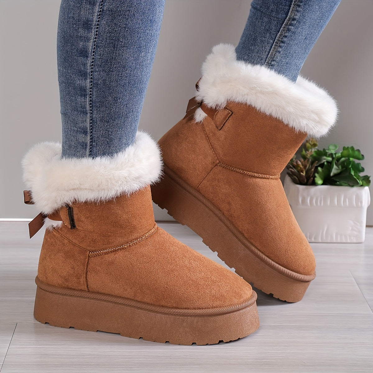 Women's stylish mid-top fleece and padded plush boots with bow knot