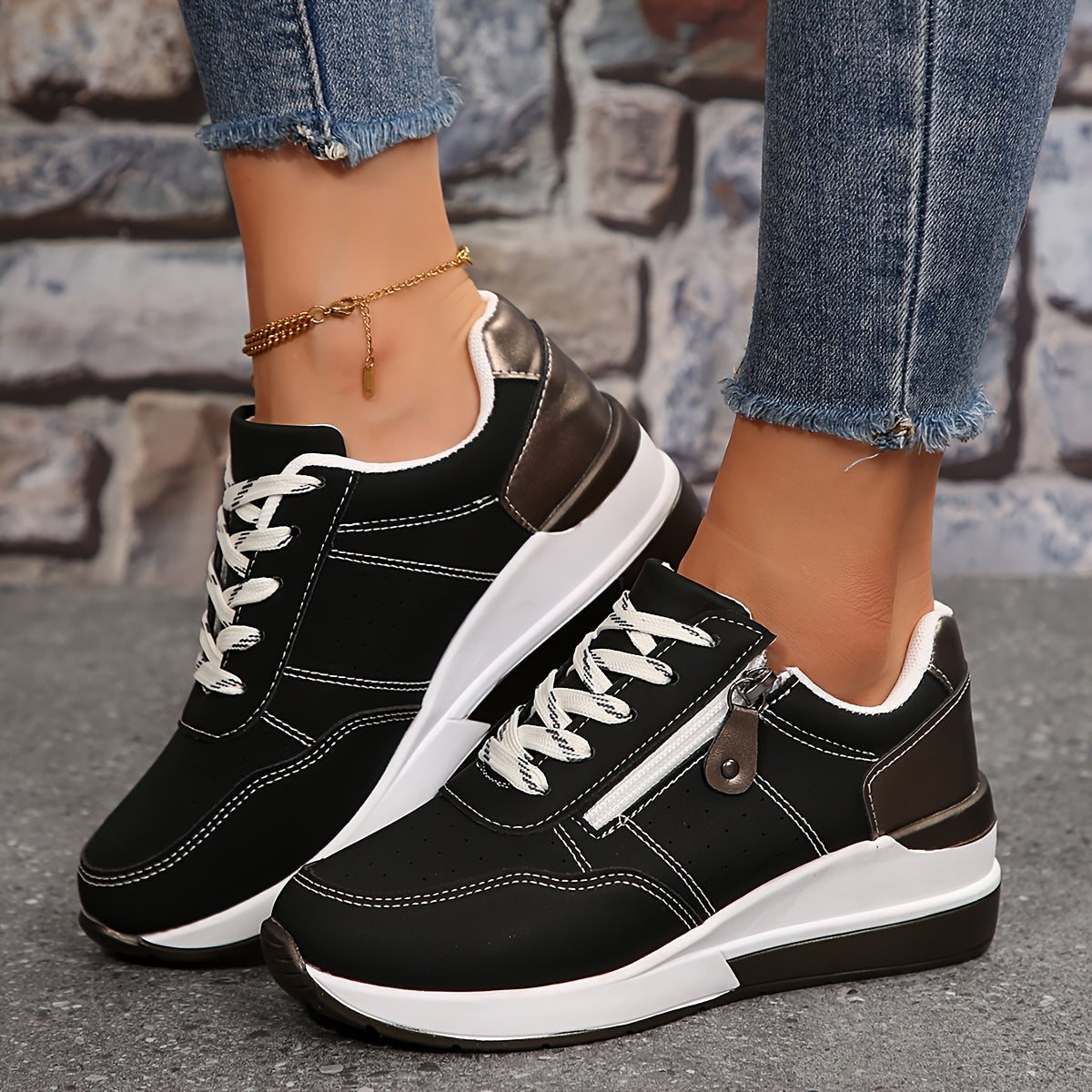 Women's Low-Top Sneakers - Lace-Up - Perforated Design - Cushioned Rubber Sole