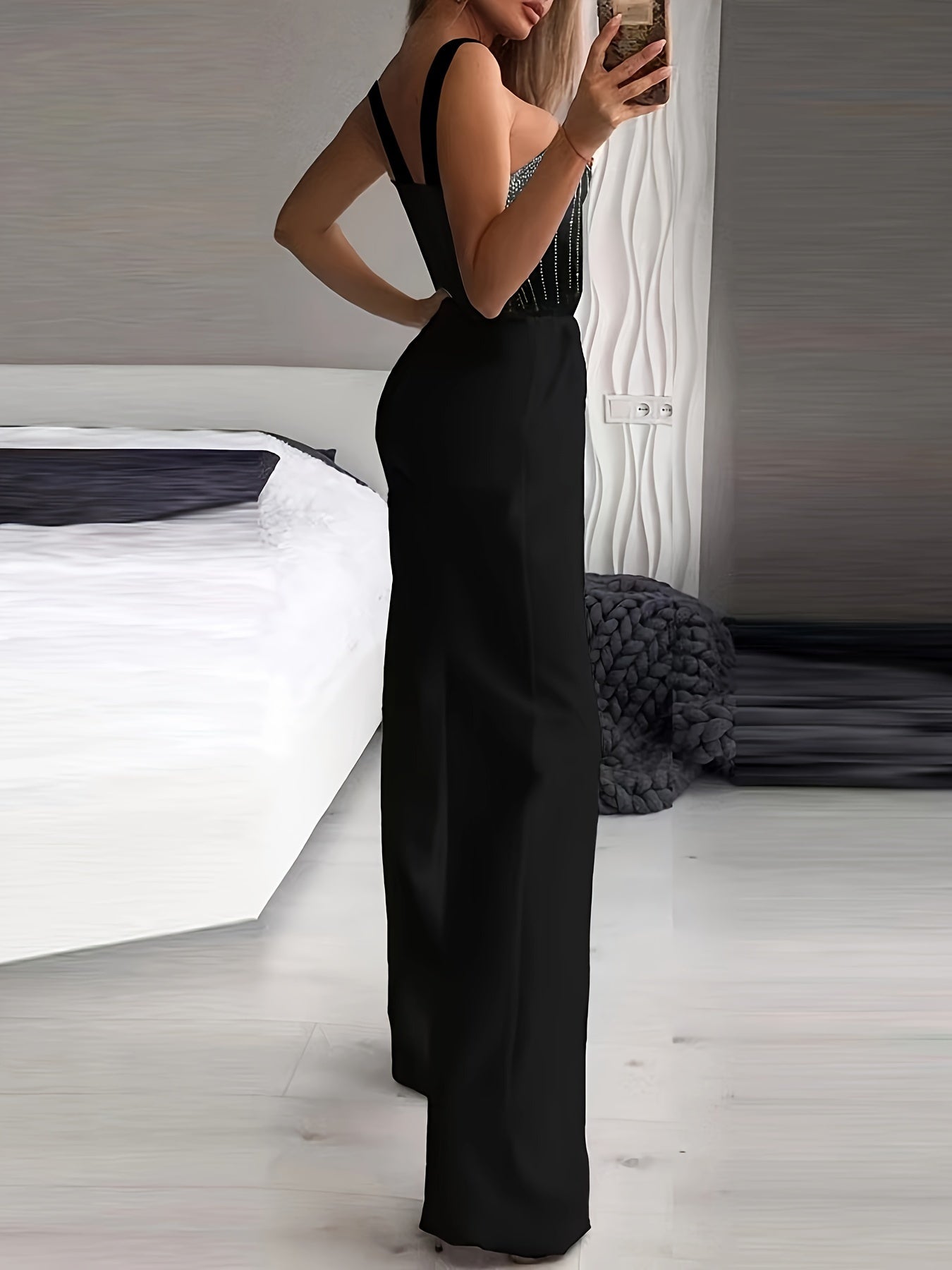 Women's Jumpsuit - Strappy Shoulder Design - Embellished Fitted Bodice - Wide-Leg Belted Waist