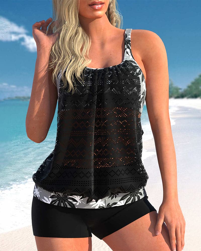 Women’s Tankini Set – Lace Overlay – Soft Knit – Wide Straps – Floral Shorts