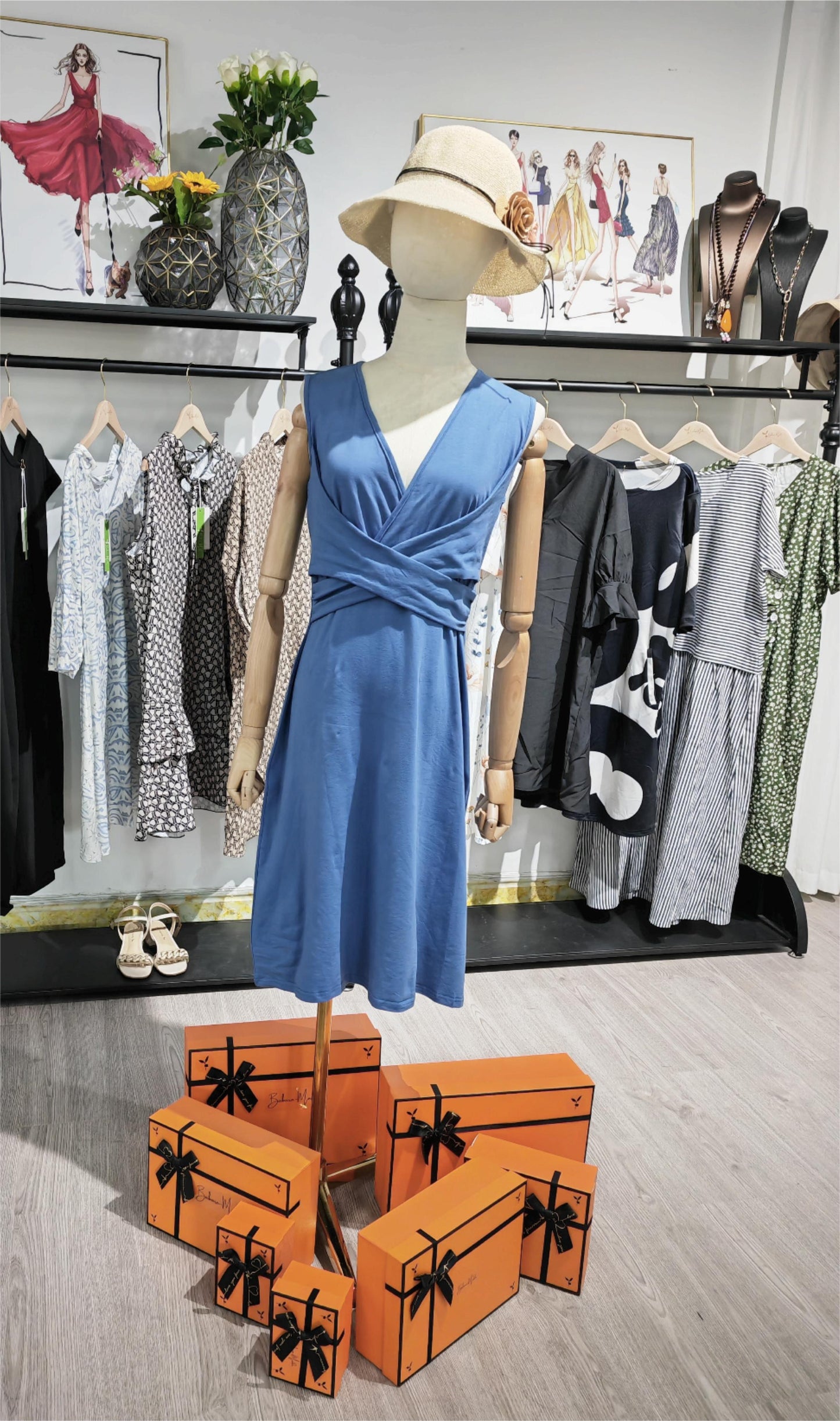 Women's Sleeveless Dress - V-Neck Wrap Style - Fitted Waist A-Line Knee Length