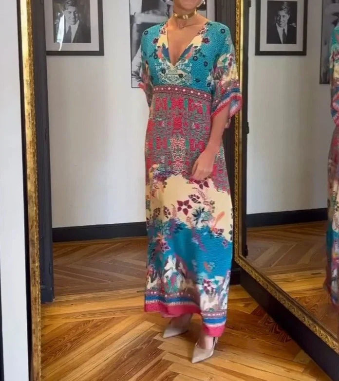 Women's blue retro maxi dress with short sleeves