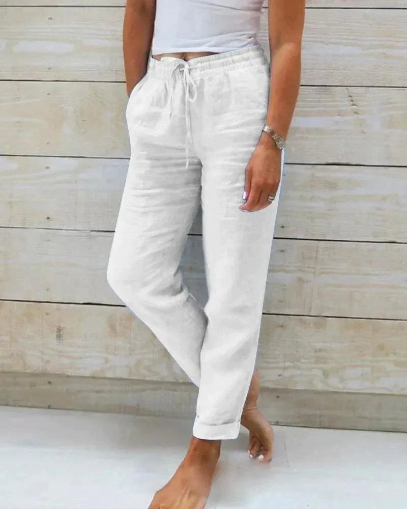Women’s Trousers – Relaxed Fit – Elastic Waist with Drawstring – Breathable Blend – Full Length
