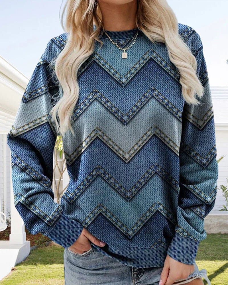 Women’s casual blue chevron printed pullover sweatshirt