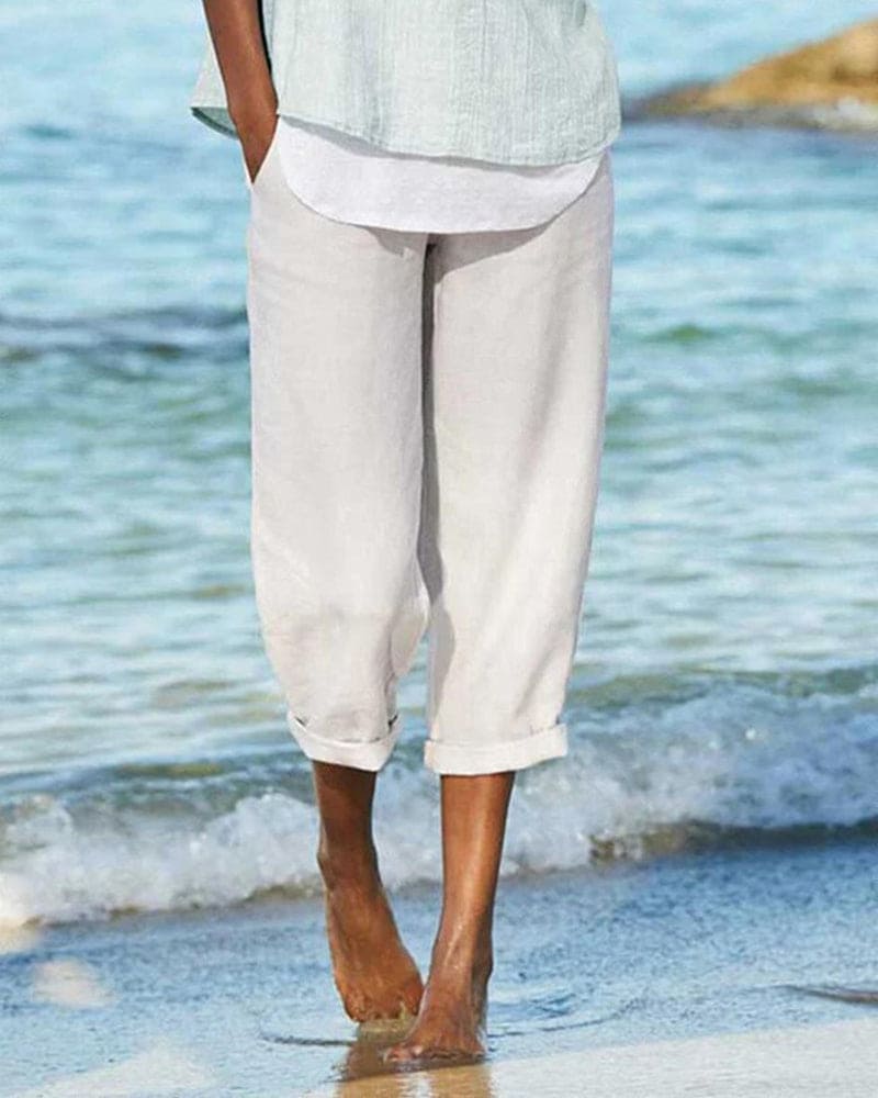 Women's Linen Cropped Pants - Lightweight Loose Fit - Rolled Hem Casual Wear