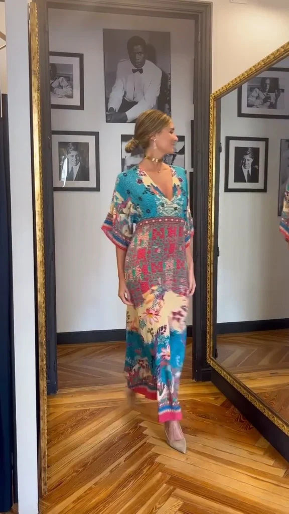 Women's blue retro maxi dress with short sleeves