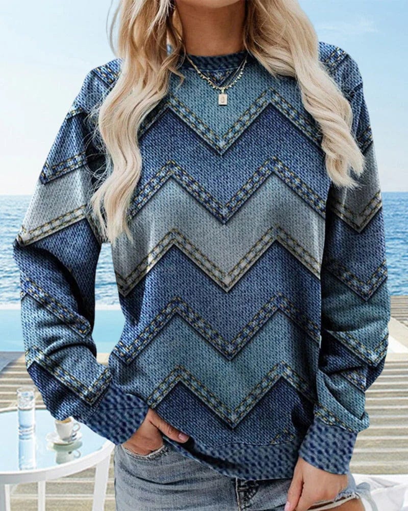 Women’s casual blue chevron printed pullover sweatshirt