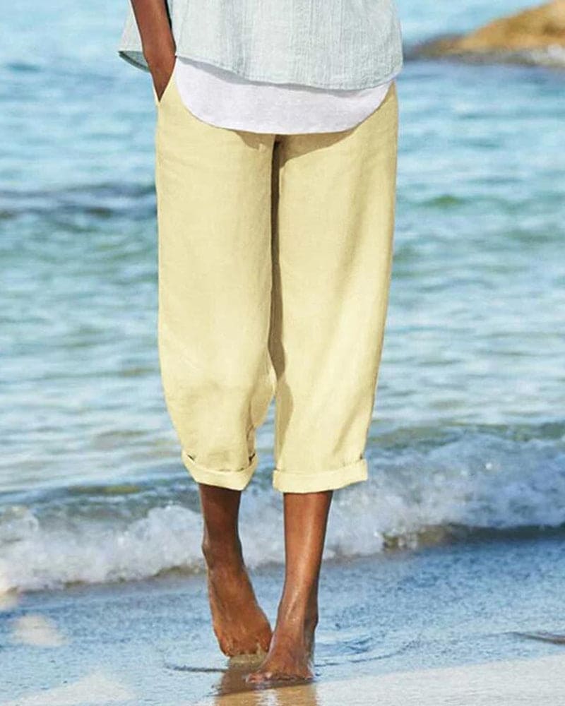 Women's Linen Cropped Pants - Lightweight Loose Fit - Rolled Hem Casual Wear