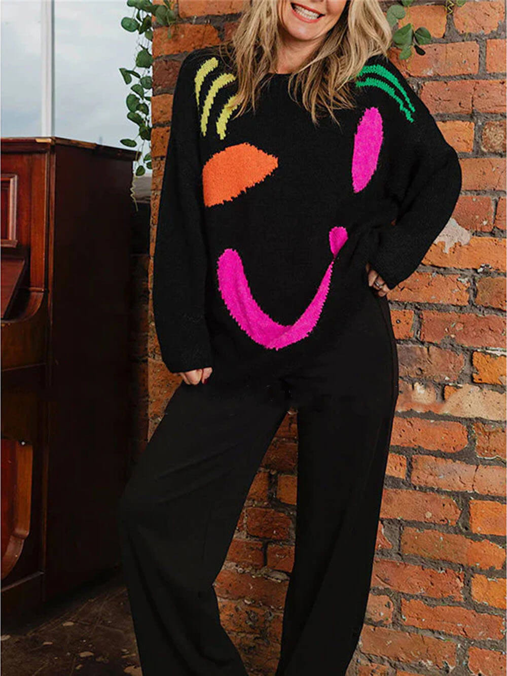 Women’s Knit Pullover – Oversized Fit – Long Sleeve – Abstract Back Design