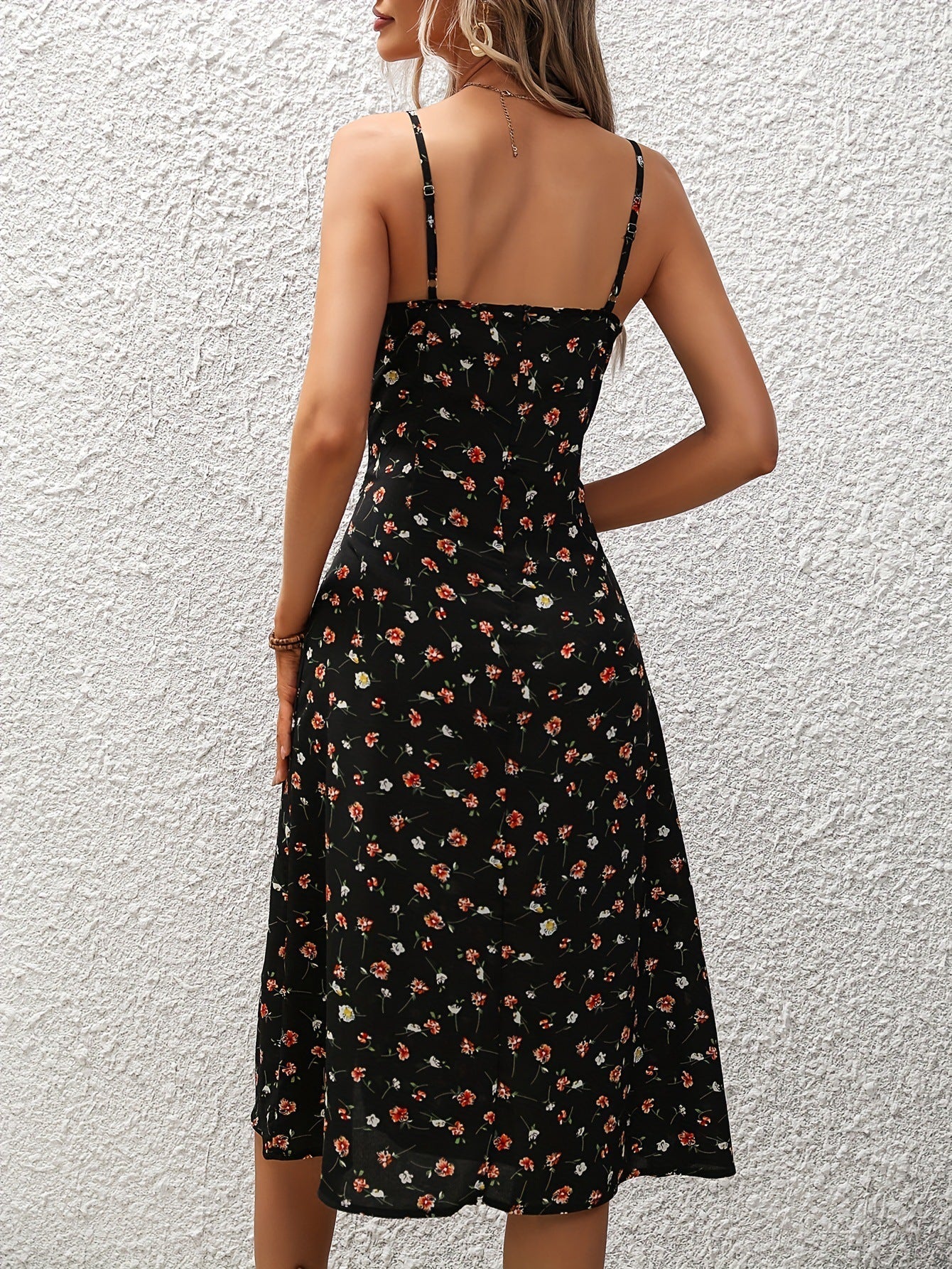Women's Midi Dress - A-Line Silhouette - Sweetheart Neckline - Spaghetti Straps - Slit Detail