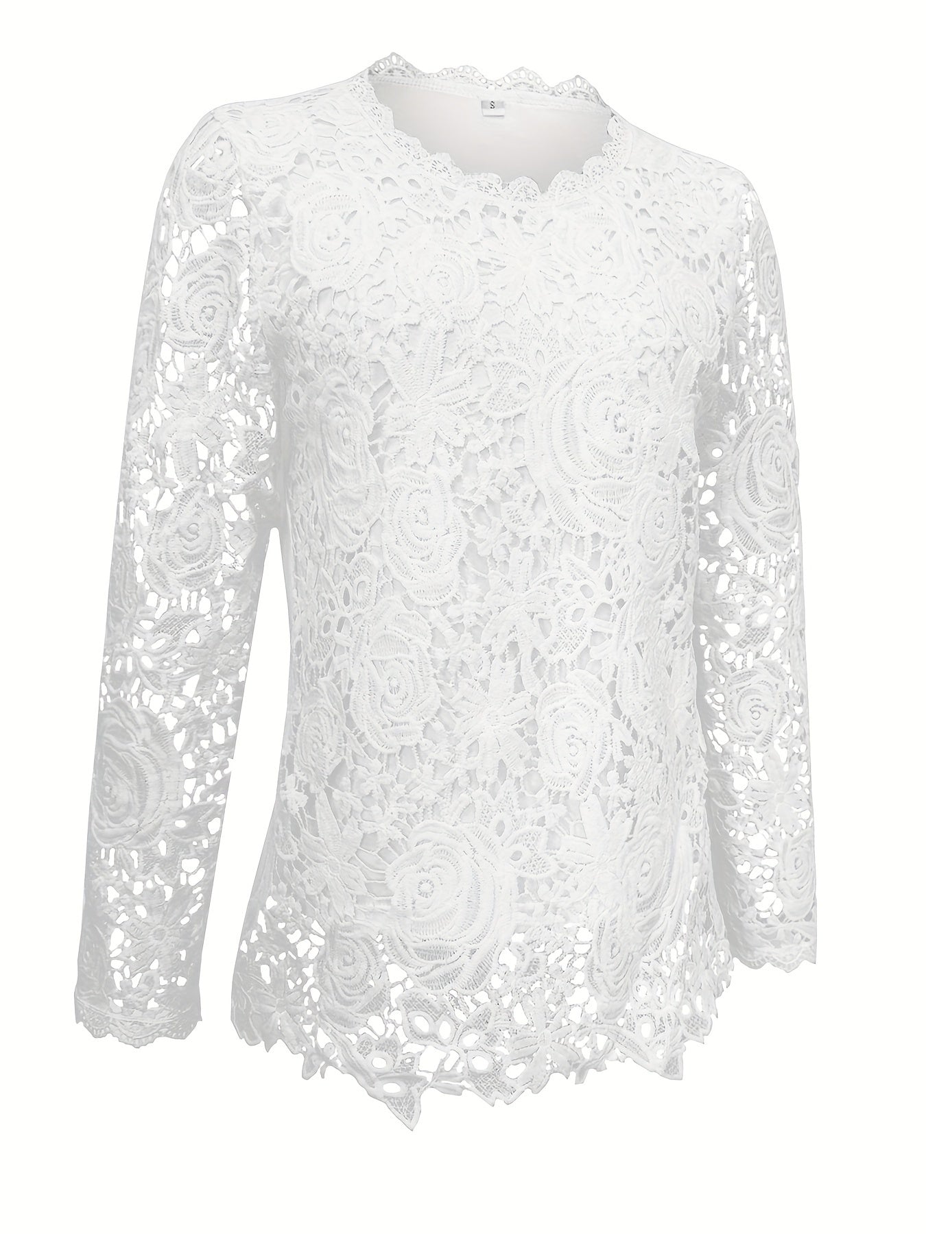 Women's Lace Blouse - Floral Pattern - Long Sleeve Sheer - Scalloped Hem Elegant