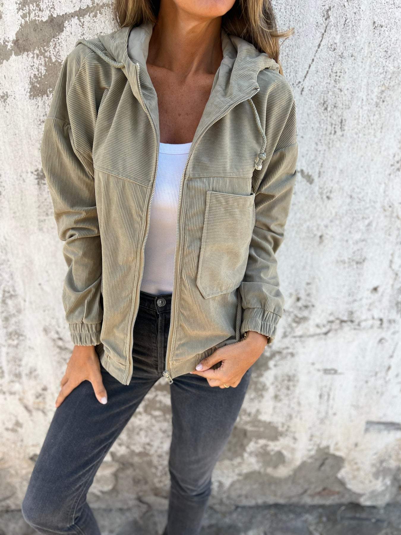 Women's Cozy Jacket - Hooded Zip-Up - Adjustable Waist - Casual Wear
