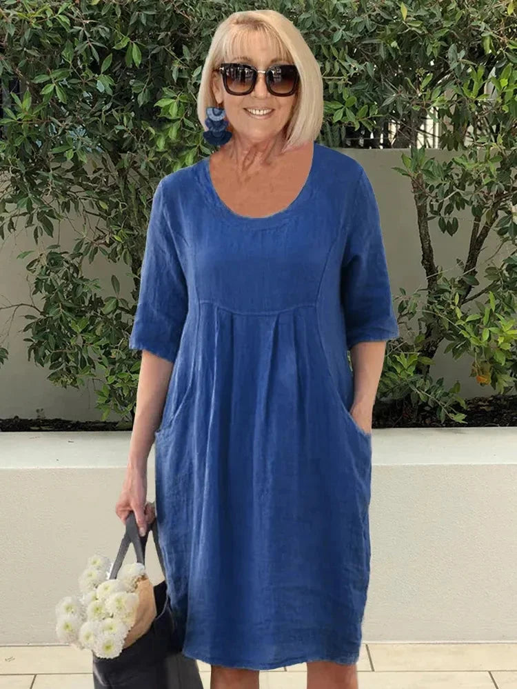 Women’s Midi Dress – Natural Fibers – Relaxed Fit – Scoop Neck – Elbow Sleeve – Pockets