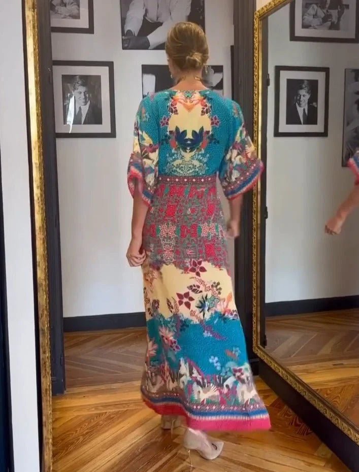 Women's blue retro maxi dress with short sleeves