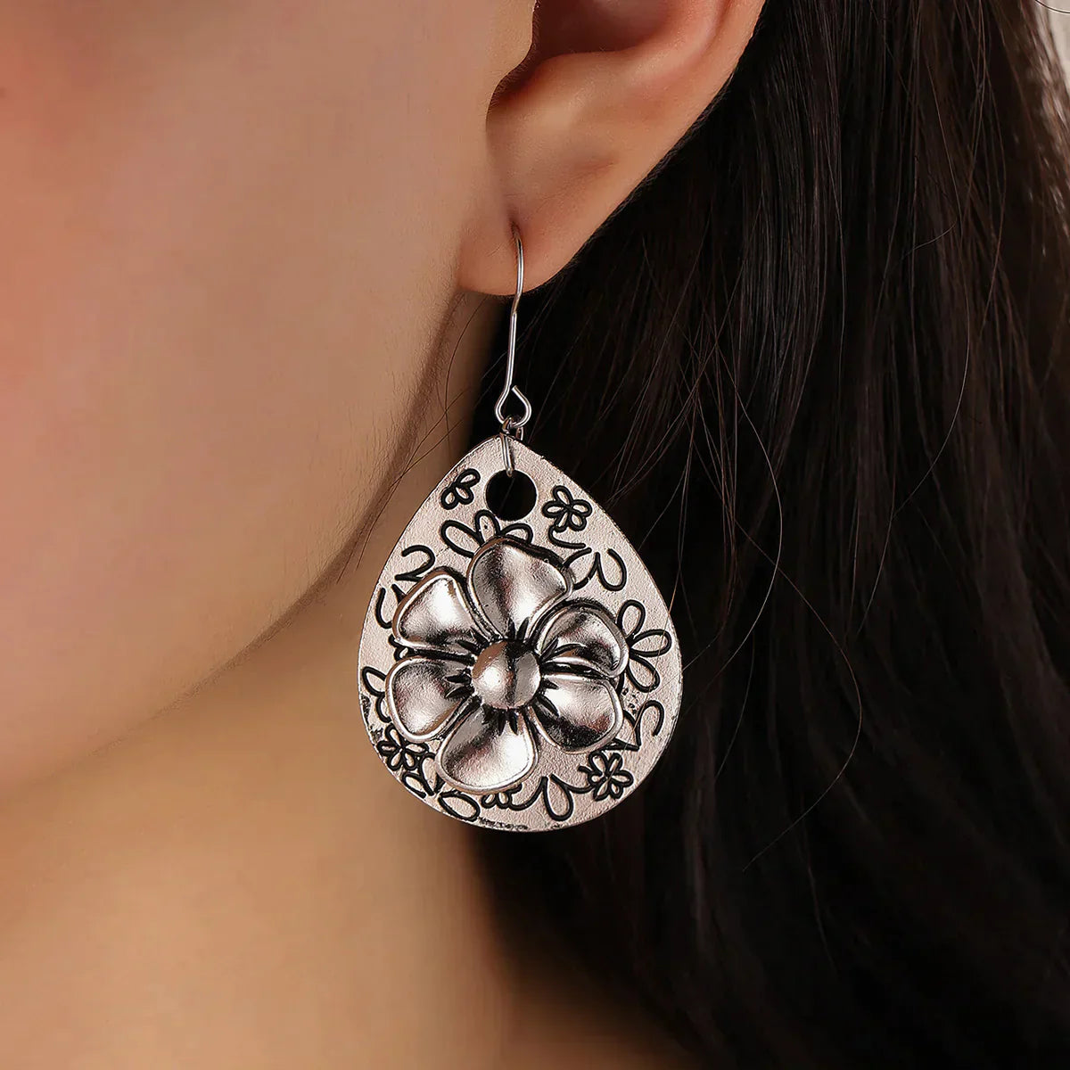 Floral Embossed Teardrop Dangle Earrings