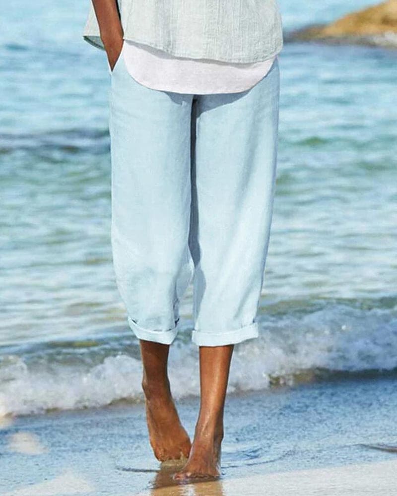 Women's Linen Cropped Pants - Lightweight Loose Fit - Rolled Hem Casual Wear