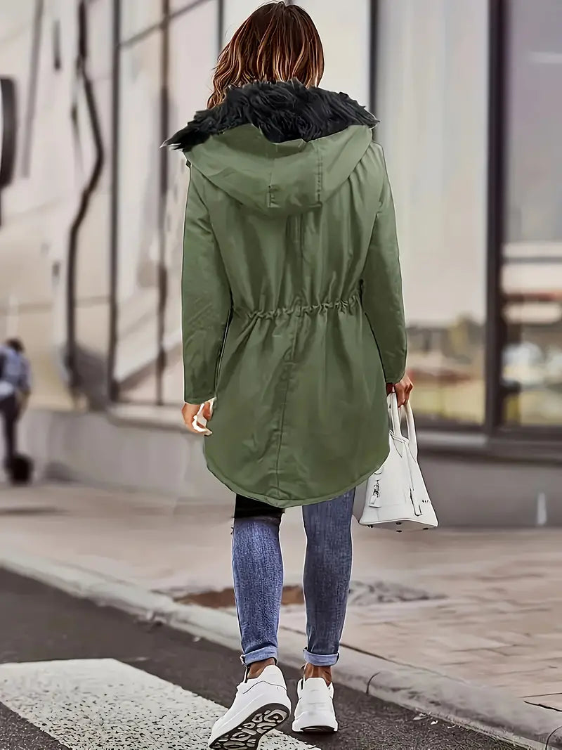Women's winter hooded fur collar coat with front pockets