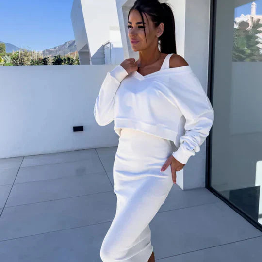 Women's v-neck long-sleeved midi skirt set