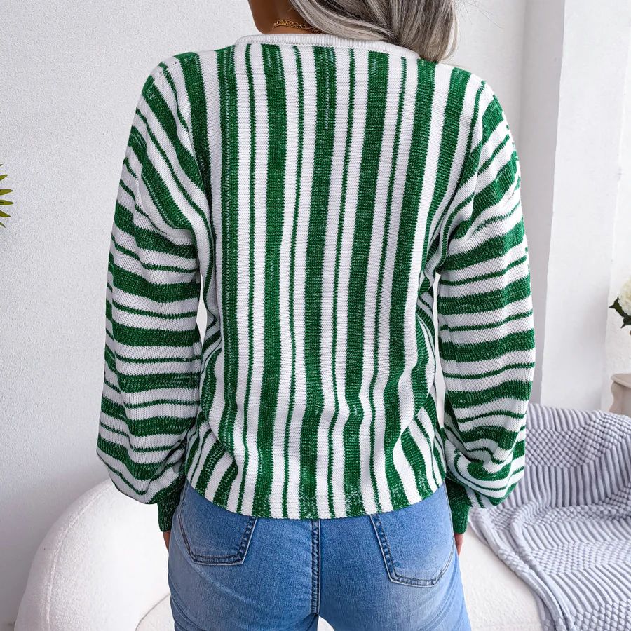 Women’s Knit Sweater - V-Neck Lace-Up - Long Sleeve - Striped Relaxed Fit Casual Wear