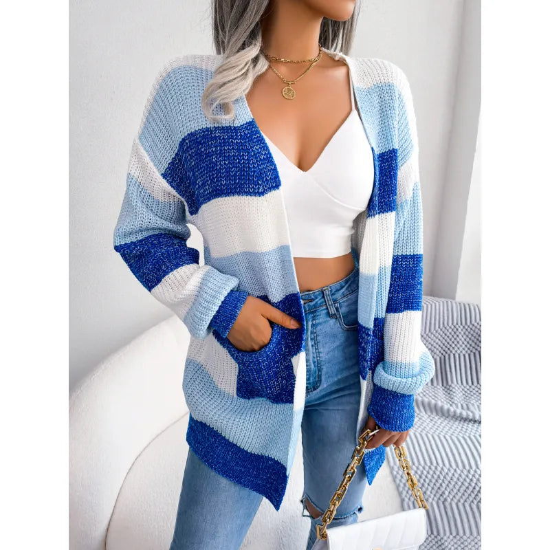 Women's contrast color striped lantern sleeve cardigan