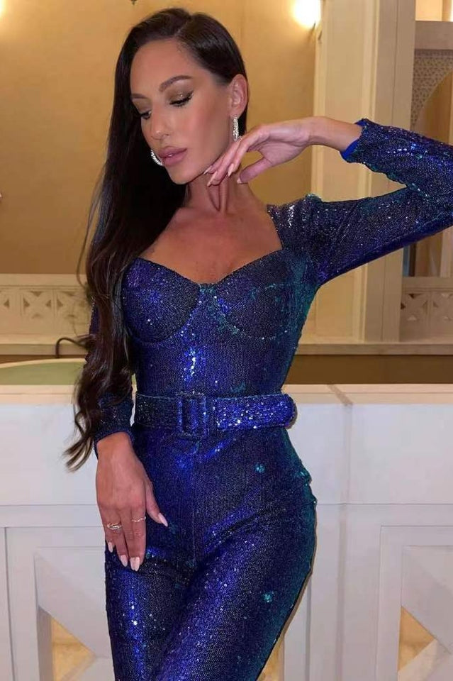 Women's Sequin Jumpsuit - Sweetheart Neckline - Long Sleeve - Belted Elegant Fit
