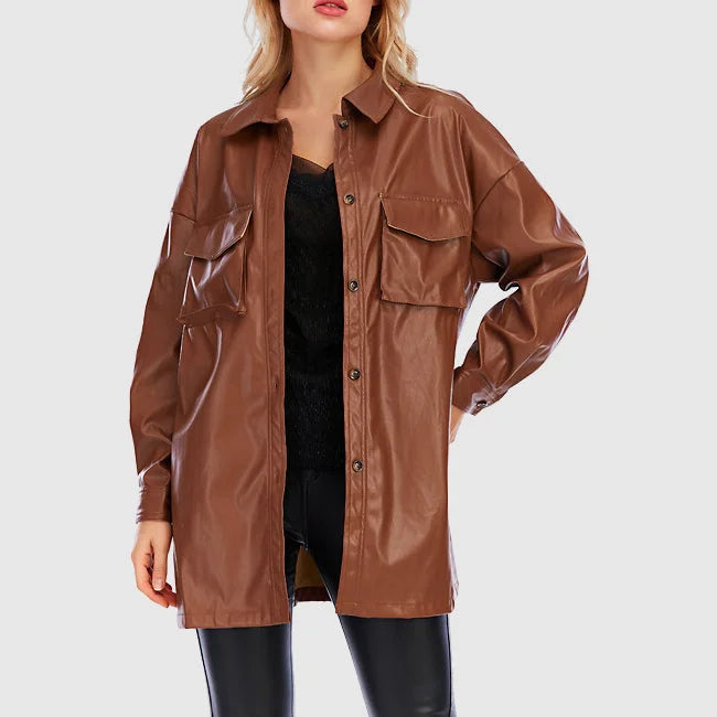 Women's stylish ding PU leather jacket with belt and button closure