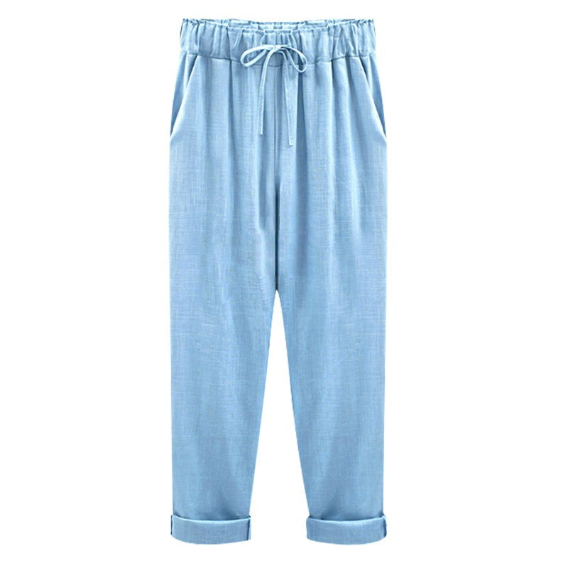 Women's Linen Pants - Loose Fit - Elastic Waist with Drawstring - Cropped Casual Wear