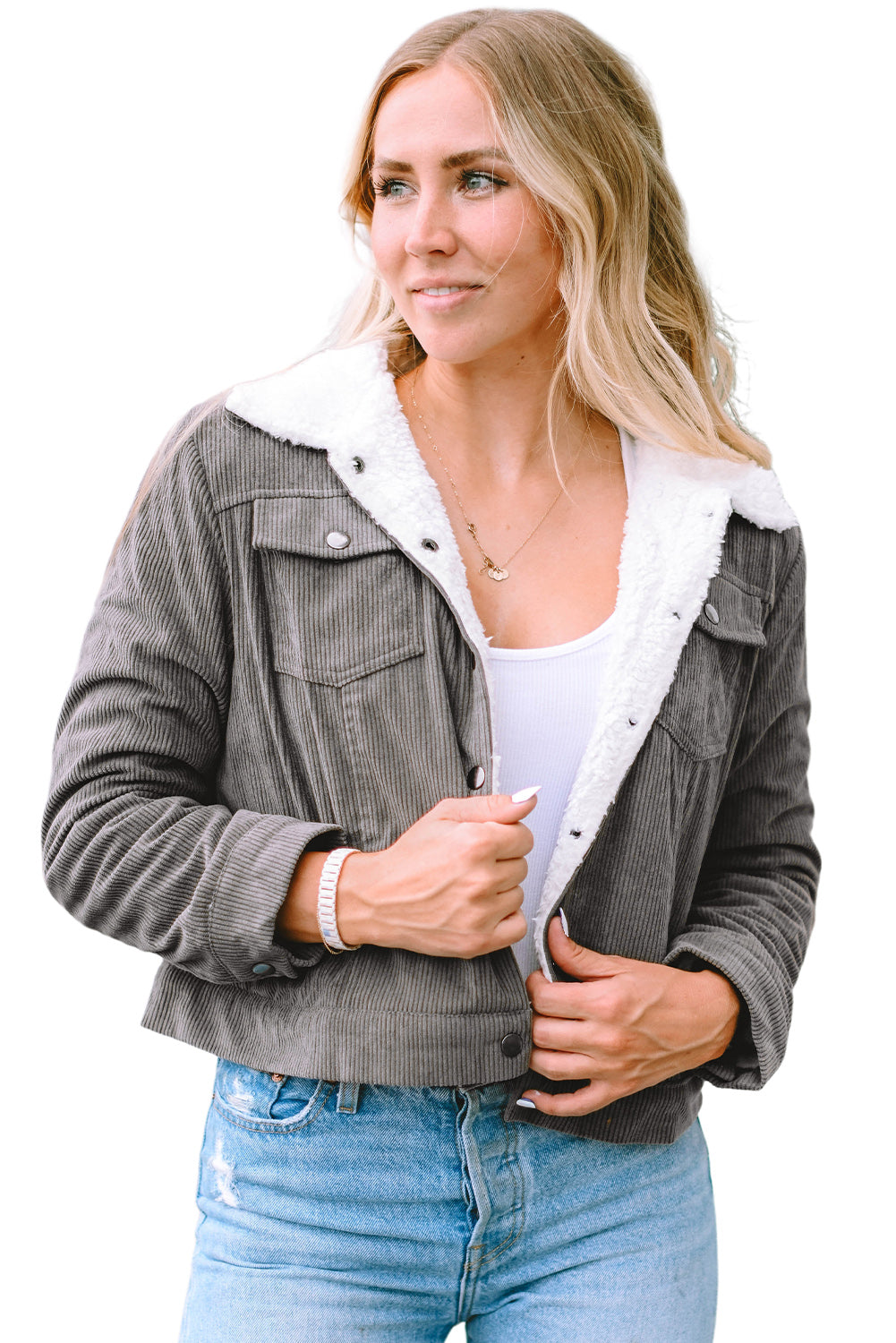 Women's Corduroy Jacket - Cropped Fit - Faux Shearling Collar - Button Closure
