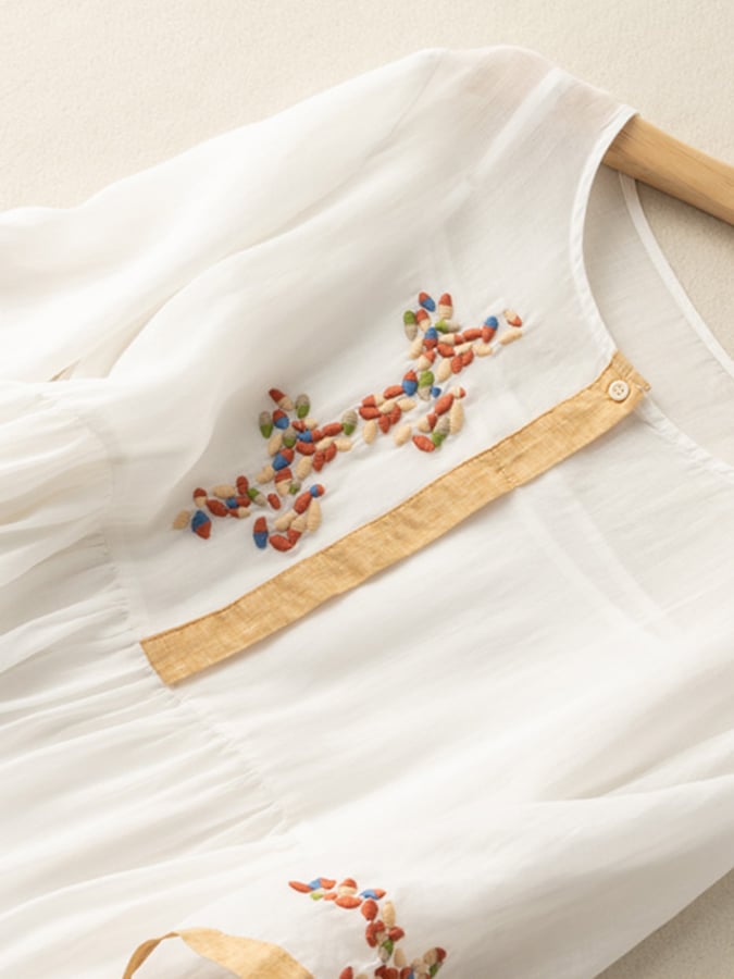 Women's Embroidered Dress - Midi Length - Three-Quarter Sleeve - Relaxed Fit