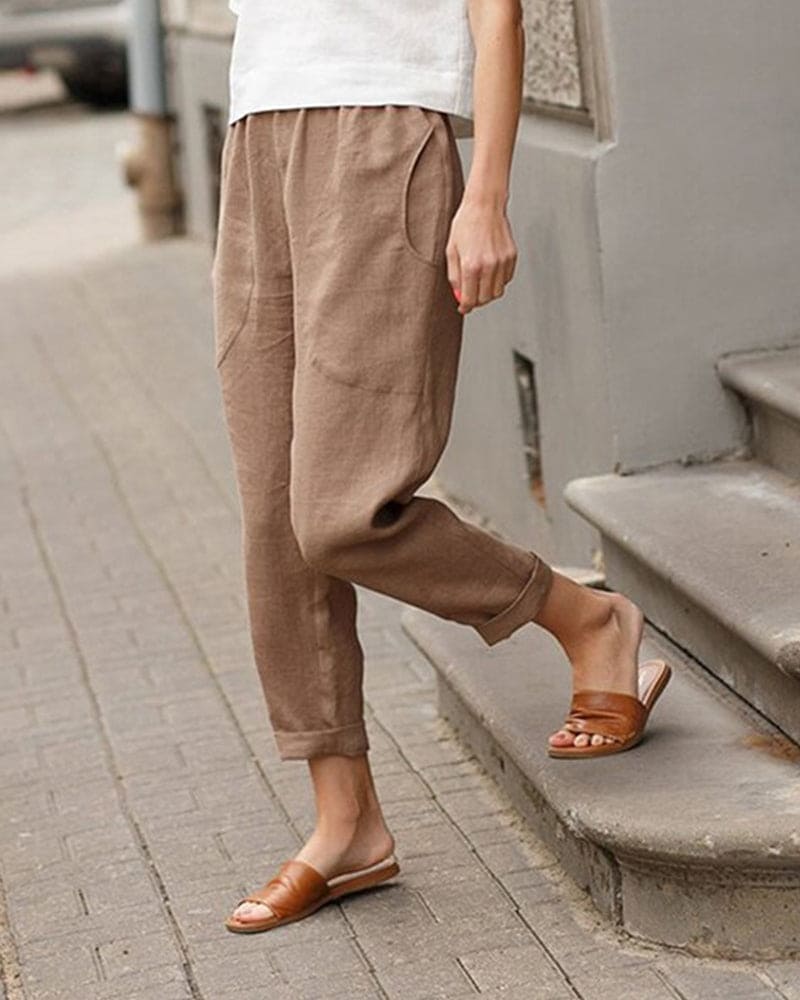 Women’s Tapered Trousers – Relaxed Fit – Elastic Waist – Breathable Blend – Full Length