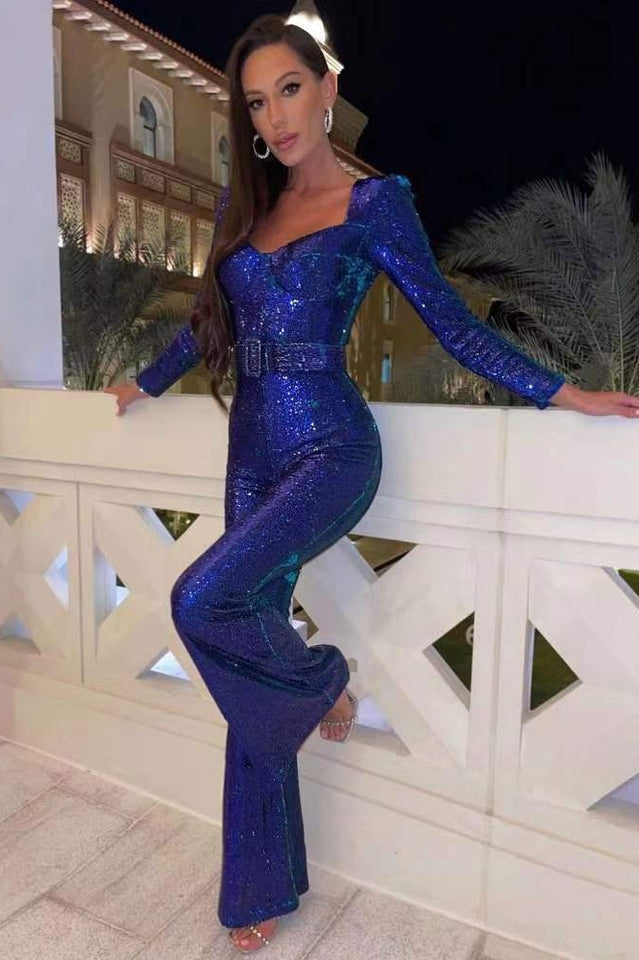 Women's Sequin Jumpsuit - Sweetheart Neckline - Long Sleeve - Belted Elegant Fit