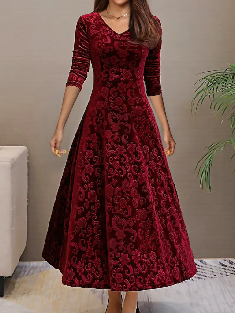 Women's Evening Dress - Velvet A-Line - V-Neck - Three-Quarter Sleeve - Maxi Length