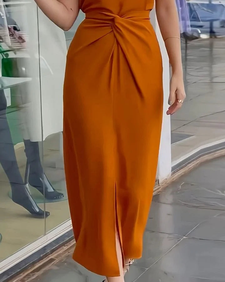 Women's Halter Neck Dress - Midi Length - Gathered Waist - Elegant Evening Wear