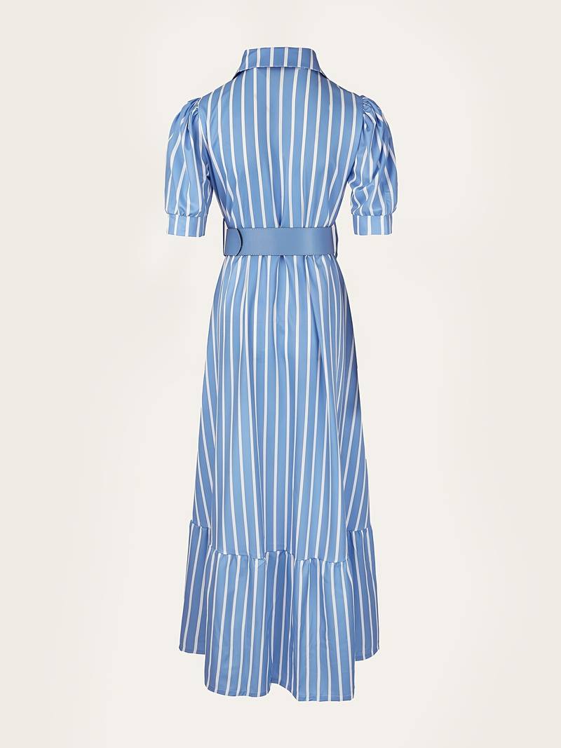 Women's Shirt Dress - Striped Pattern - Puff Sleeve - Button Down - Belted Waist