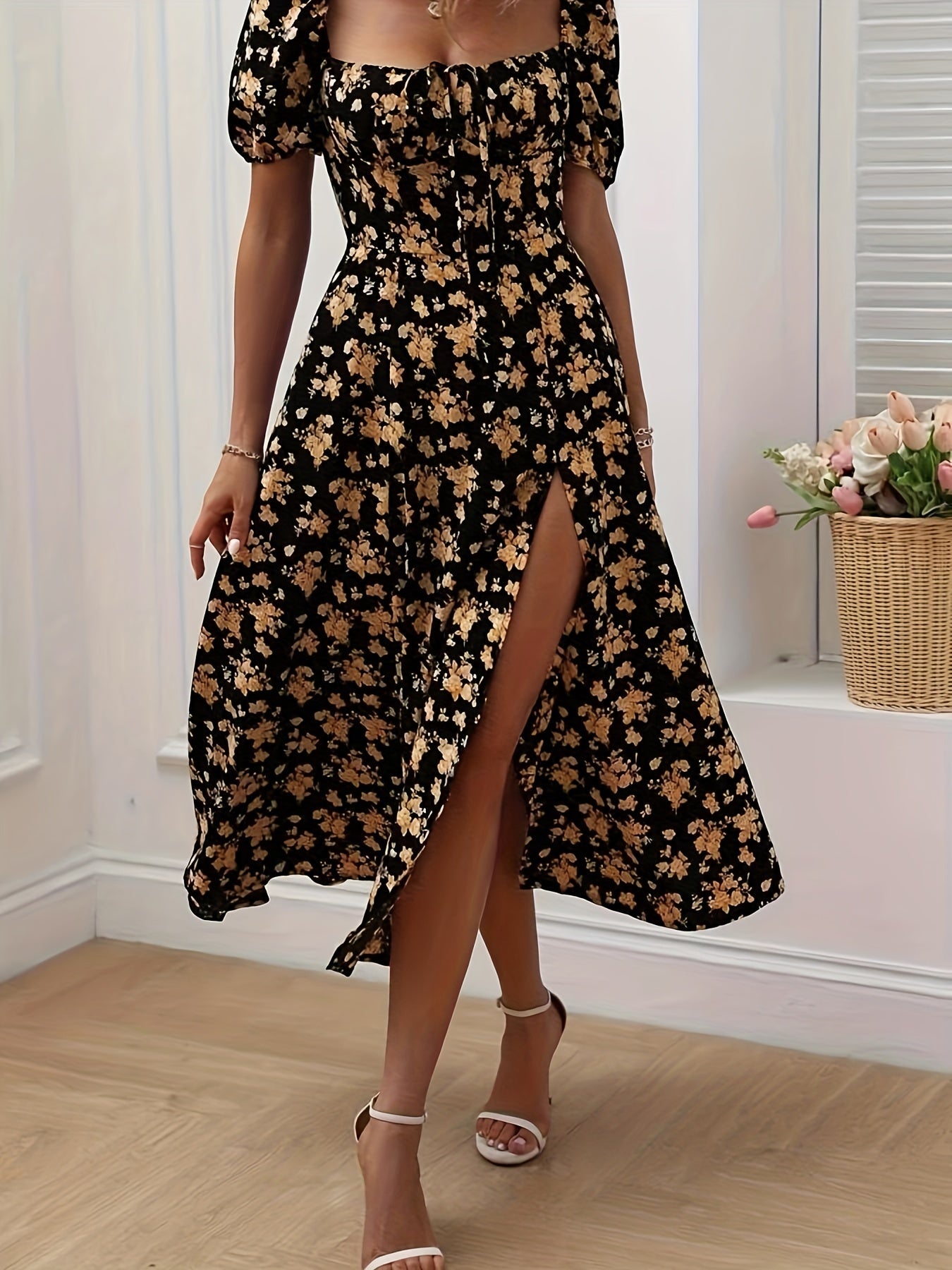 Elegant Floral Print Slim Fit Slit Dress