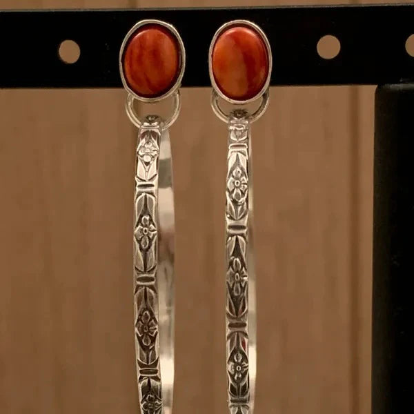 Floral Engraved Bezel-Set Stone Hoop Earrings