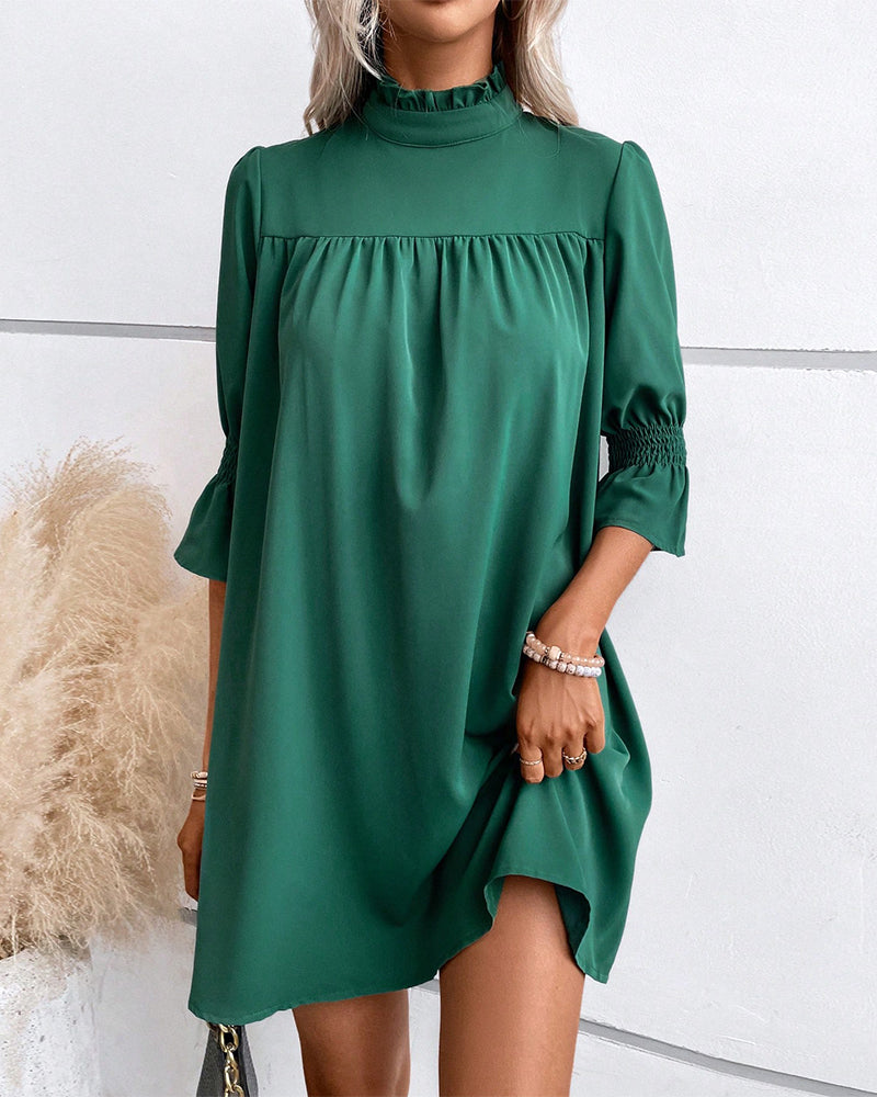 Women's Dress - Flowy Loose Fit - High Neck Ruffle - 3/4 Sleeve Elegant Style